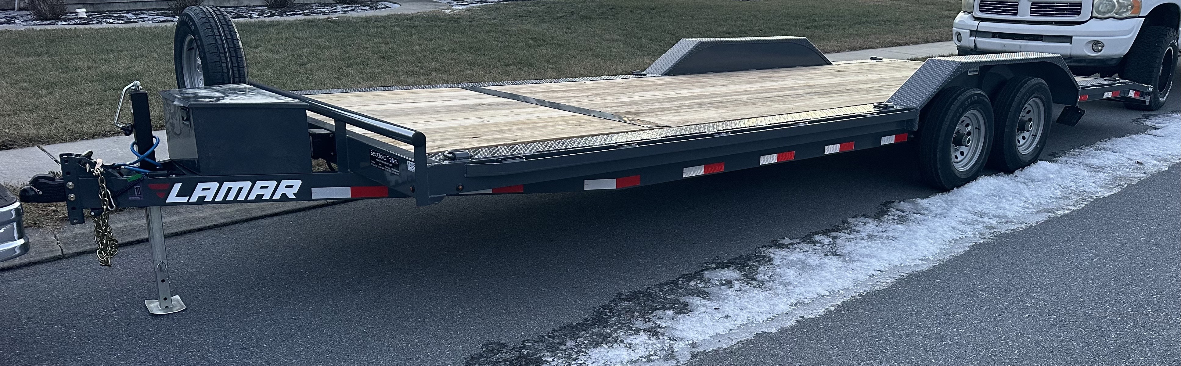 K.W. Trailers 24ft car hauler flatbed trailer available for rent in Myerstown, Pennsylvania